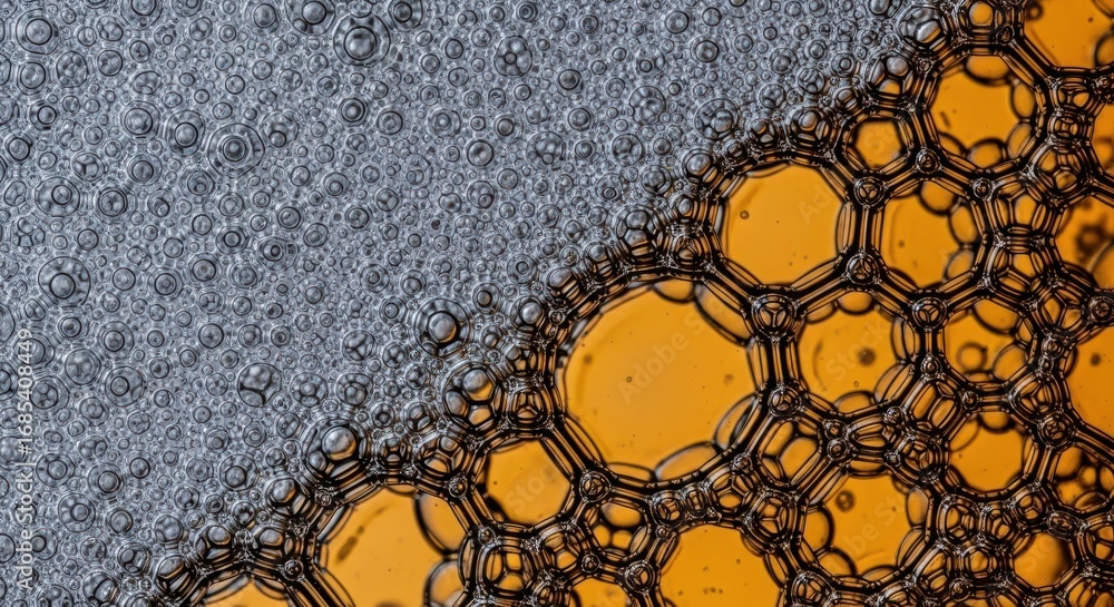 Poster macro photograph of orange bubbles and gray textured surface, abstract background with organic shape