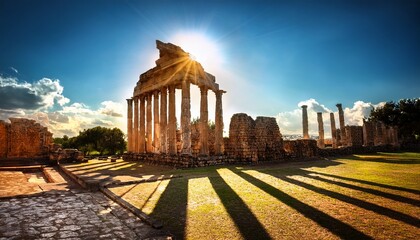 Obraz premium backlit ancient temple of diana columns with dramatic light rays in merida
