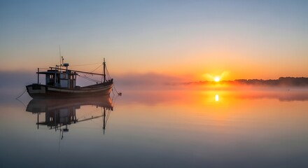 Naklejka premium Boat at Sunrise on Water