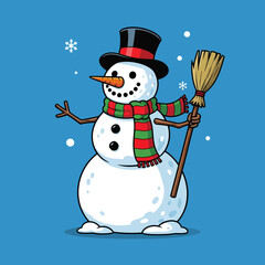 A cheerful cartoon snowman wearing a festive scarf and a stylish top hat holds a broom, surrounded by falling snowflakes on a blue background.