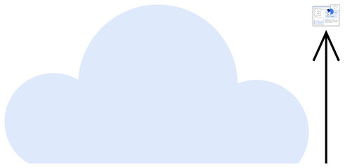 Blue cloud and upward arrow with file icon symbolize data uploading to cloud. Ideal for cloud storage, data transfer, technology, backup, web services, innovation, simple landing page