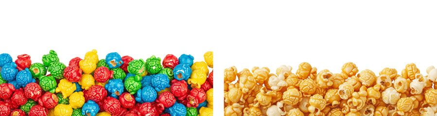Fototapeta premium Colorful caramel popcorn and golden butter popcorn border isolated on transparent background for snack design, party decoration, food concept, and packaging mockup use