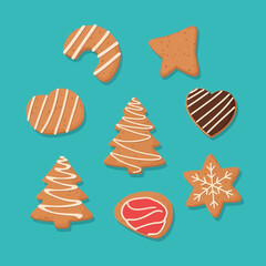 A delightful assortment of festive gingerbread cookies, beautifully decorated with white icing, arranged on a vibrant teal background, perfect for holiday cheer.