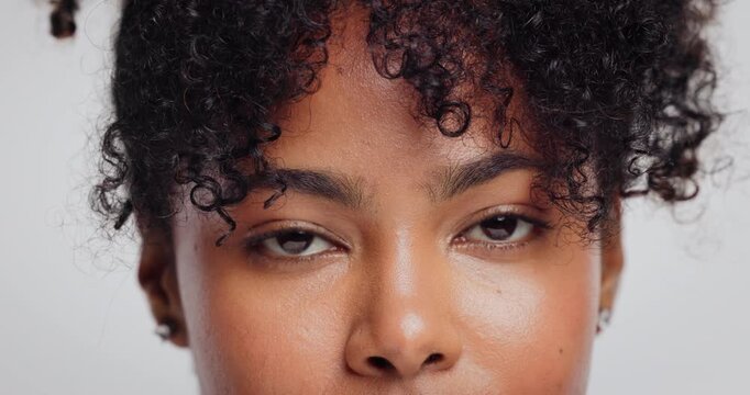 Beauty, skincare and eyes with portrait of woman in studio for self care, peptide growth and mascara. Collagen, shine and lash lift with closeup of person on white background for facial and makeup