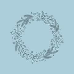 A delicate line art Christmas wreath featuring traditional festive elements like holly, mistletoe, and evergreen branches, perfect for holiday greetings and seasonal designs. © puji