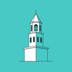 An elegant line art illustration of a classic architectural tower featuring a prominent bell, rendered with minimalist simplicity against a vibrant teal background.
