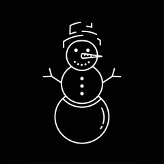 A cheerful white outline of a snowman, with a hat, carrot nose, and button details, on a black background, ideal for winter holiday projects.