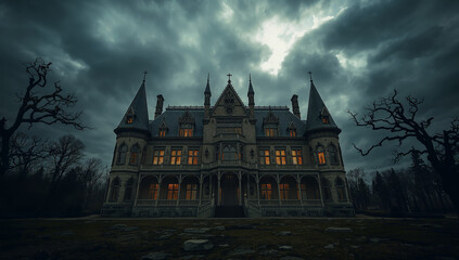 Gothic Mansion Under Dramatic Stormy Sky