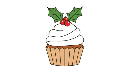Cartoon Christmas Cupcake with Holly and Berries Illustration.