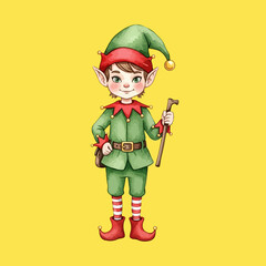 A charming watercolor illustration of a festive young Christmas elf in a green suit and hat, holding a staff, on a vibrant yellow background.