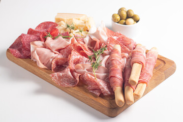 Charcuterie board. Antipasti appetizers of meat platter with salami, prosciutto crudo or jamon and olives.