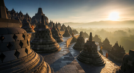 Borobudur Temple in Indonesia with Ancient Stone Stupas