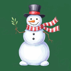 Cheerful snowman with a top hat and striped scarf, holding a small green sprig against a solid green background.