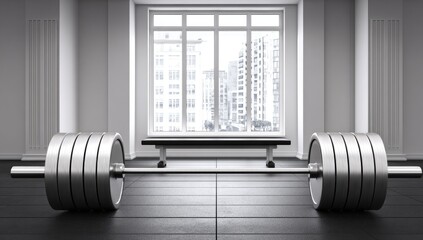 A heavy metal barbell rests on a modern gym floor, positioned near a large window with a cityscape view.