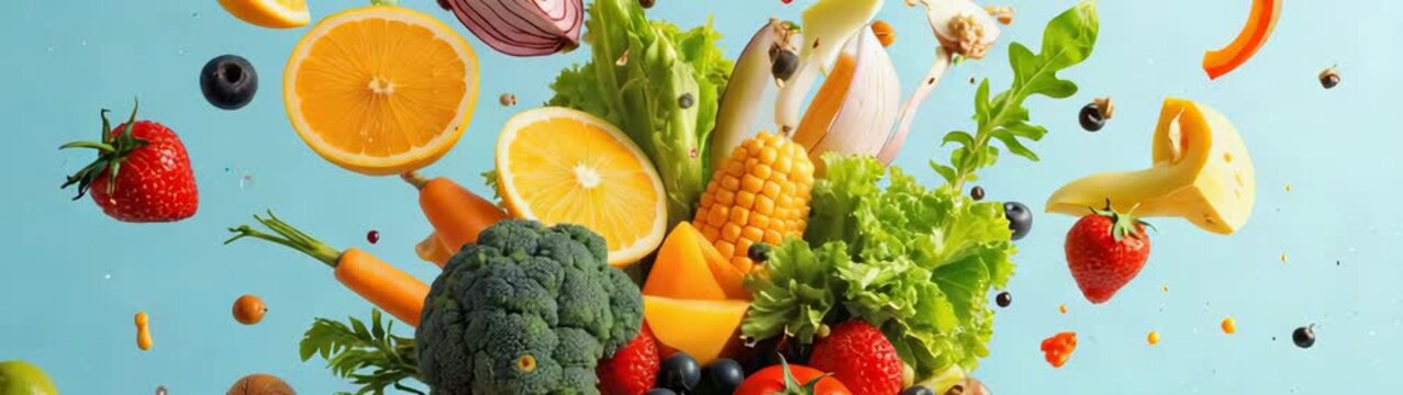 Colorful fruits and vegetables exploding on a light blue background, promoting healthy and vibrant lifestyle.