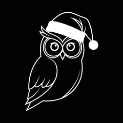 A stylized white outline of an owl wearing a Santa hat, presented against a solid black background, evoking a festive holiday theme.