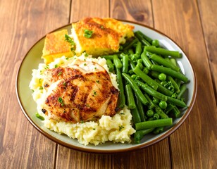 Plate of meal with chicken, mashed potatoes, cornbread, and green beans