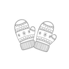 A charming black and white line art illustration depicts a pair of cozy winter mittens adorned with festive snowflake and zigzag patterns, perfect for seasonal designs.