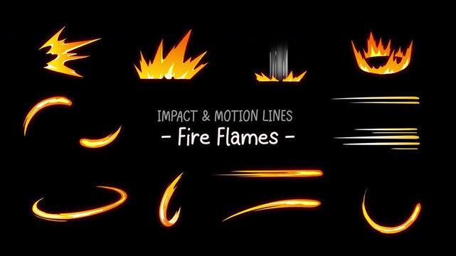 Set 2 of Fire Impact Burst and Speed Line Effects, fiery swoosh woosh streaks, flame slash arcs, hot explosion bursts, transparent background, alpha channel