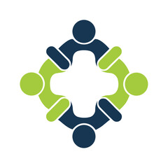 Four people figures in circle connected by abstract shapes dark blue and green group connection