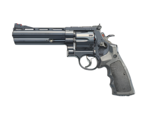 a revolver designed for police use, with its black barrel and transparent background.