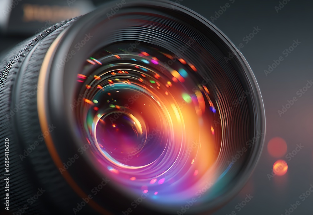 Poster close-up view of a camera lens with colorful internal reflections.