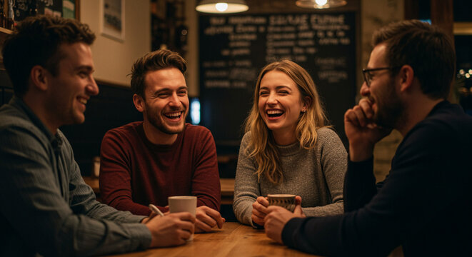 group of friends chatting casually in a cafe
