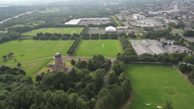 4K drone footage of the Hamilton Mausoleum in South Lanarkshire, Scotland