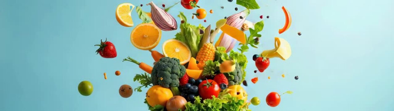 Colorful fruits and vegetables exploding on a light blue background, promoting healthy and vibrant lifestyle.
