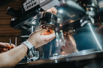 Close up of a barista adjusting an espresso machine in a professional coffee shop. The scene demonstrates precision and attention to detail, reflecting expertise in preparing high-quality beverages.