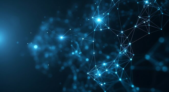 Abstract network of glowing blue nodes and lines against a dark background