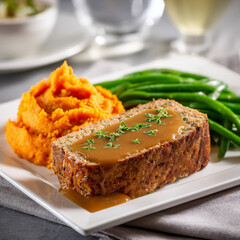Family-Style Turkey Meatloaf Platter with Mashed Sweet Potatoes and Green Beans