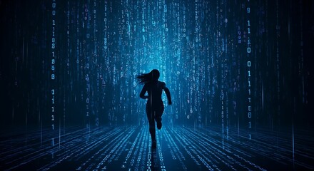 Woman running through a digital rain of blue code