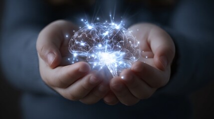 Hands Holding Glowing Brain Concept of Intelligence and Creativity