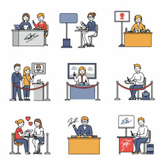 Vector illustrations of people signing documents, making agreements, attending presentations, and engaging in various business and personal transactions with digital and physical signatures.