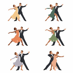 Fototapeta premium Collection of diverse pairs of elegant dancers showcasing ballroom and Latin styles in various graceful poses, flat vector illustration set.