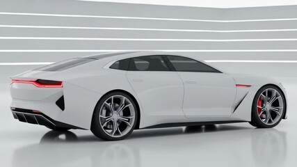 A sleek, white four-door sedan is showcased in a minimalist studio setting. The car features sharp lines, a long taillight strip, and prominent wheels - Powered by Adobe
