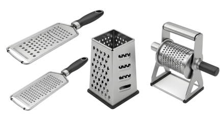 Four different types of metal food graters on transparent background