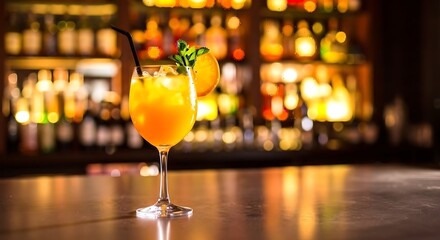 Refreshing orange cocktail served at a vibrant bar
