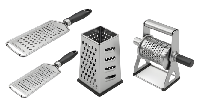 Four different types of metal food graters on transparent background