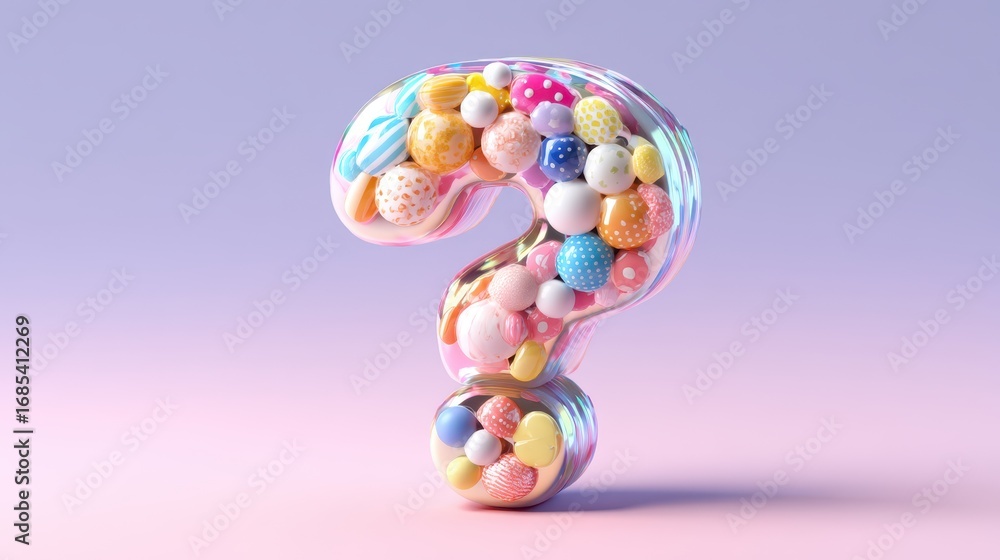 Poster 3d bubble question mark concept. colorful question mark filled with playful patterns and textures.