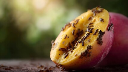 Close up of a vibrant cut mango half teeming with dark larvae depicting a common agricultural pest infestation and fruit spoilage