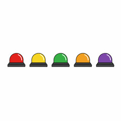 Colorful Cartoon Warning Lights Set: Red, Yellow, Green, Orange, Purple Sirens in a Row, Flat Design Illustration on White Background.