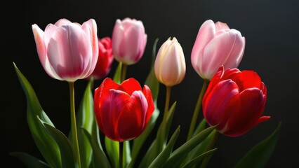 Fototapeta premium Vibrant Bunch of Spring Tulips in Full Bloom Displaying Red and Pink Hues