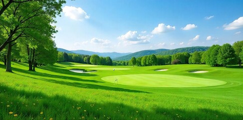 Serene golf course nestled in a vibrant meadow, lush green grass, rolling hills, and distant trees under a clear blue sky  Perfect for a relaxing afternoon ,  sky,  golf ball,  lush