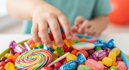 Child's hand reaching for colorful assortment of sweet candies and treats in a bowl