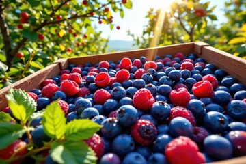 Fresh Blueberries and Raspberries Wooden Crate Outdoors