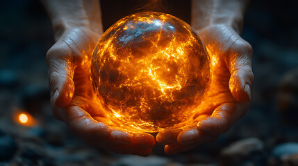 Close-up of hands holding a sphere of cosmic fire and divine energy 