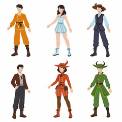 Diverse flat design fantasy characters in various adventure, medieval, and historical-inspired outfits, ideal for gaming, storytelling, and creative projects.