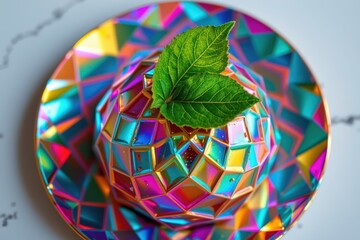 Iridescent Geometric Object with Green Leaves Patterned Plate